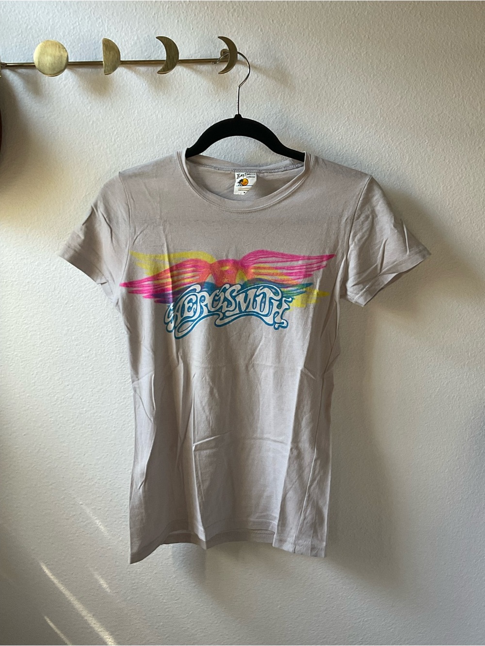 Aerosmith Band Tee Graphic Crewneck T Shie - Light Gray with Pink & Yellow Wings
